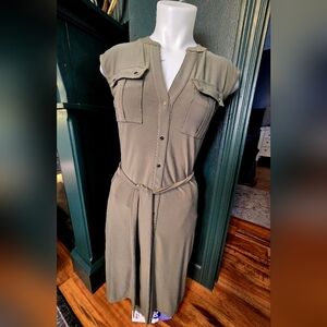 White House Black Market Olive Green Utility Shirt Dress XXS Tie-Waist